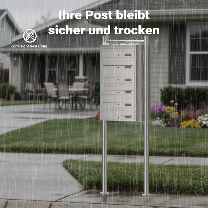 Wiltec 6er Briefkastenanlage Edelstahl 556 x 270 x 1500 mm, Standbriefkasten mit 6 Fächern, Schlüsse