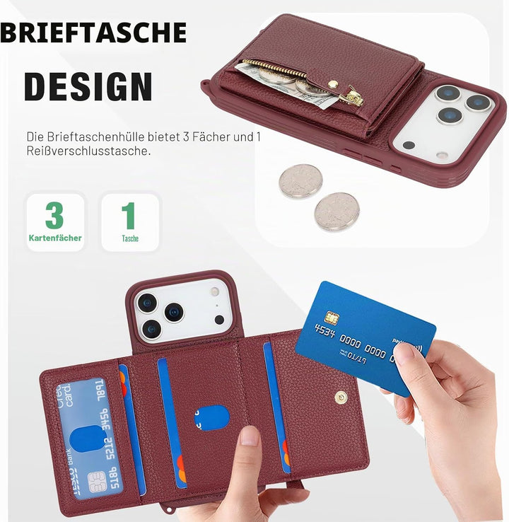 ELTEKER Handyhülle für iPhone 17 Pro Max Hülle mit Band, Kartenfach Reissverschluss Geldbörse, Handy