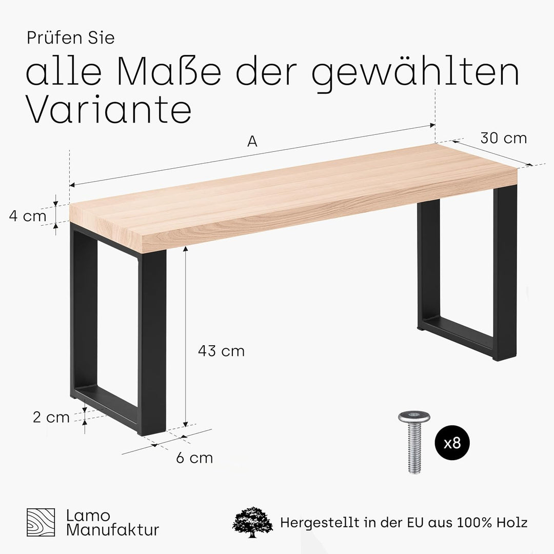 LAMO Manufaktur Sitzbank Esszimmer Holzbank 30x60x47 cm, Möbelfüsse Simple Schwarz/Roh, LSB-01-A-001