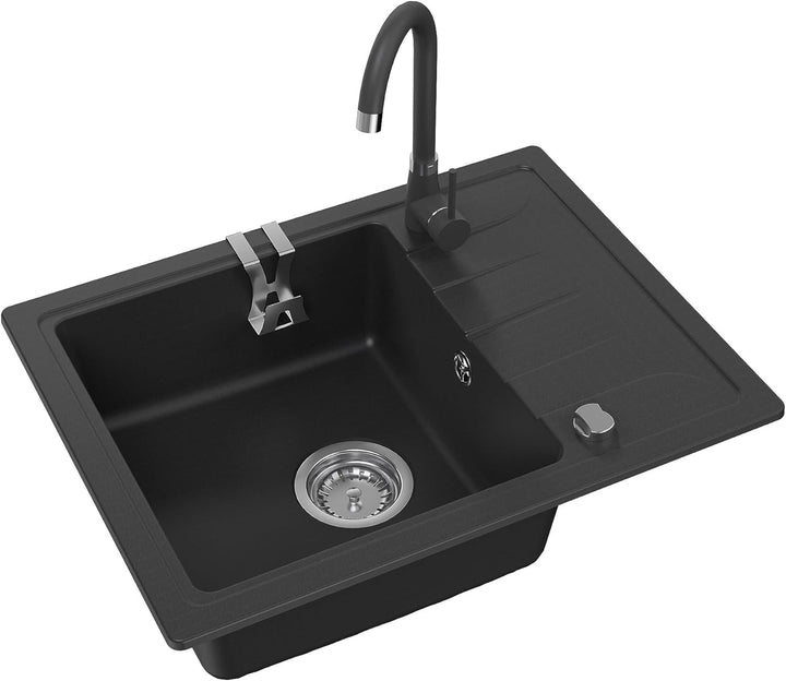 GRANMASTER Gracia Granitspüle 1 Becken mit Abtropffläche und Schwammhalter - Küchenspüle 58x44x16,4