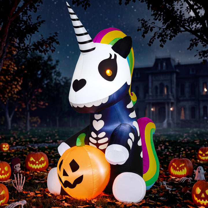 Joiedomi Aufblasbares Halloween-Skelett-Einhorn, 152 cm, aufblasbar, mit eingebauten LEDs, aufblasba