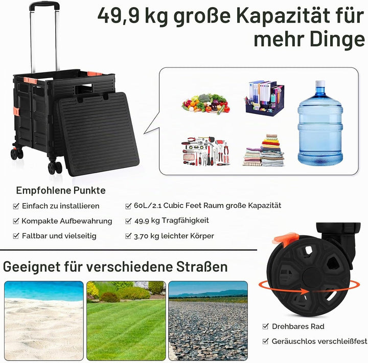 Einkaufstrolley Klappbar Transport Trolley bis 80KG Einkaufswagen Trolley mit Deckel und Teleskop Gr