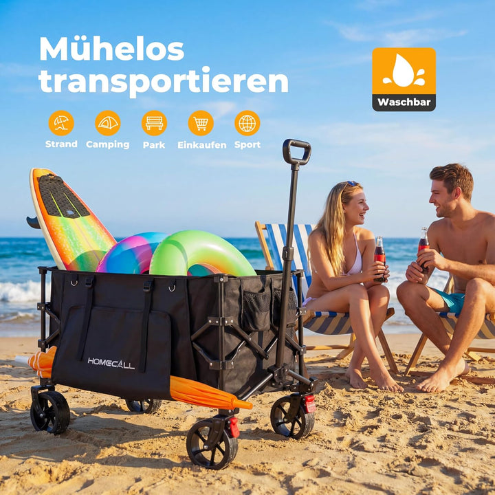 Homecall Bollerwagen Faltbar 200L, Bis 200KG mit Regenschutz, Bremsen | Strandwagen Klappbar mit Ref