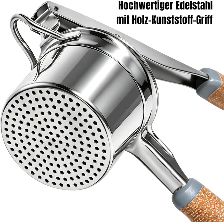 Kartoffelpresse Edelstahl mit fester Scheibe, Robuster Kartoffelstampfer mit Holz-Kunststoff-Griff,