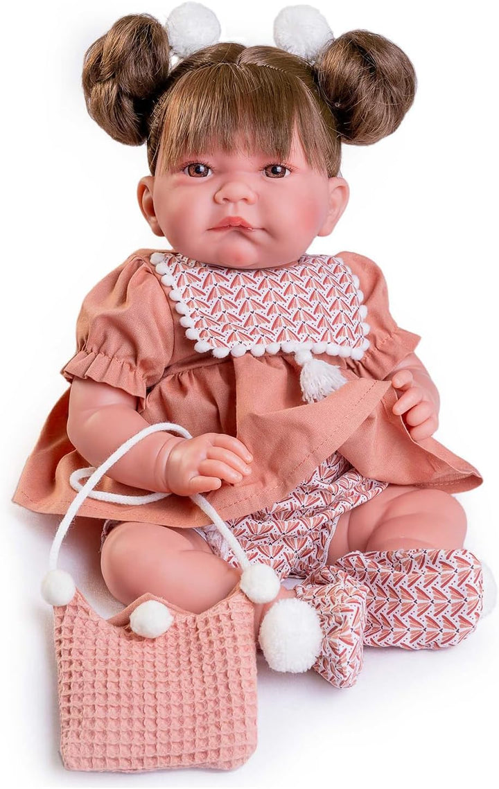 Muñecas Antonio Juan - Neugeborene Nica mit Pferdeschwänzen und Beutel