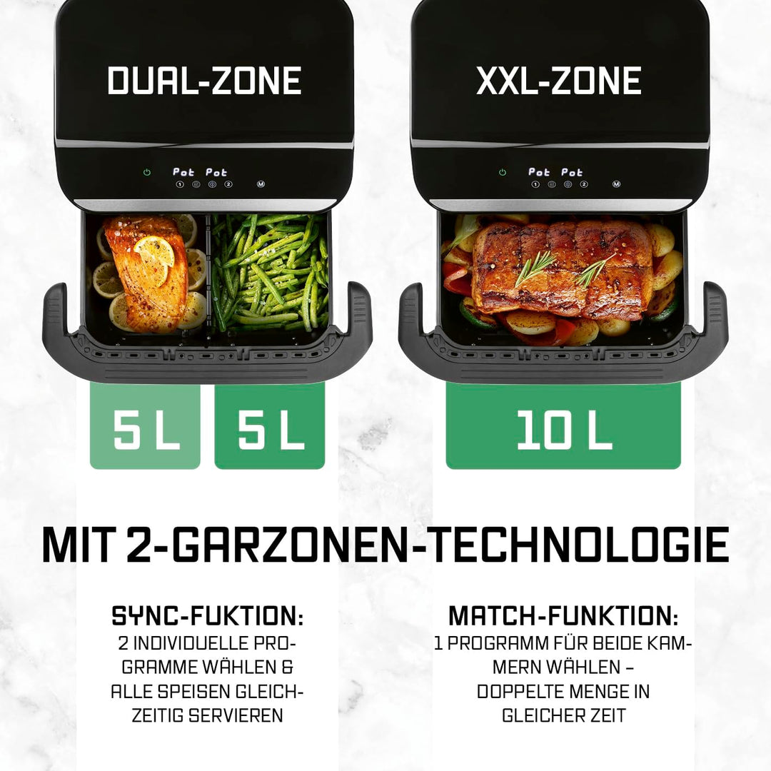 GOURMETmaxx Heissluftfritteuse, 10 L - 2 x 5 L Airfryer Vario-Kammer | Fritteuse mit 8 Programmen &amp;