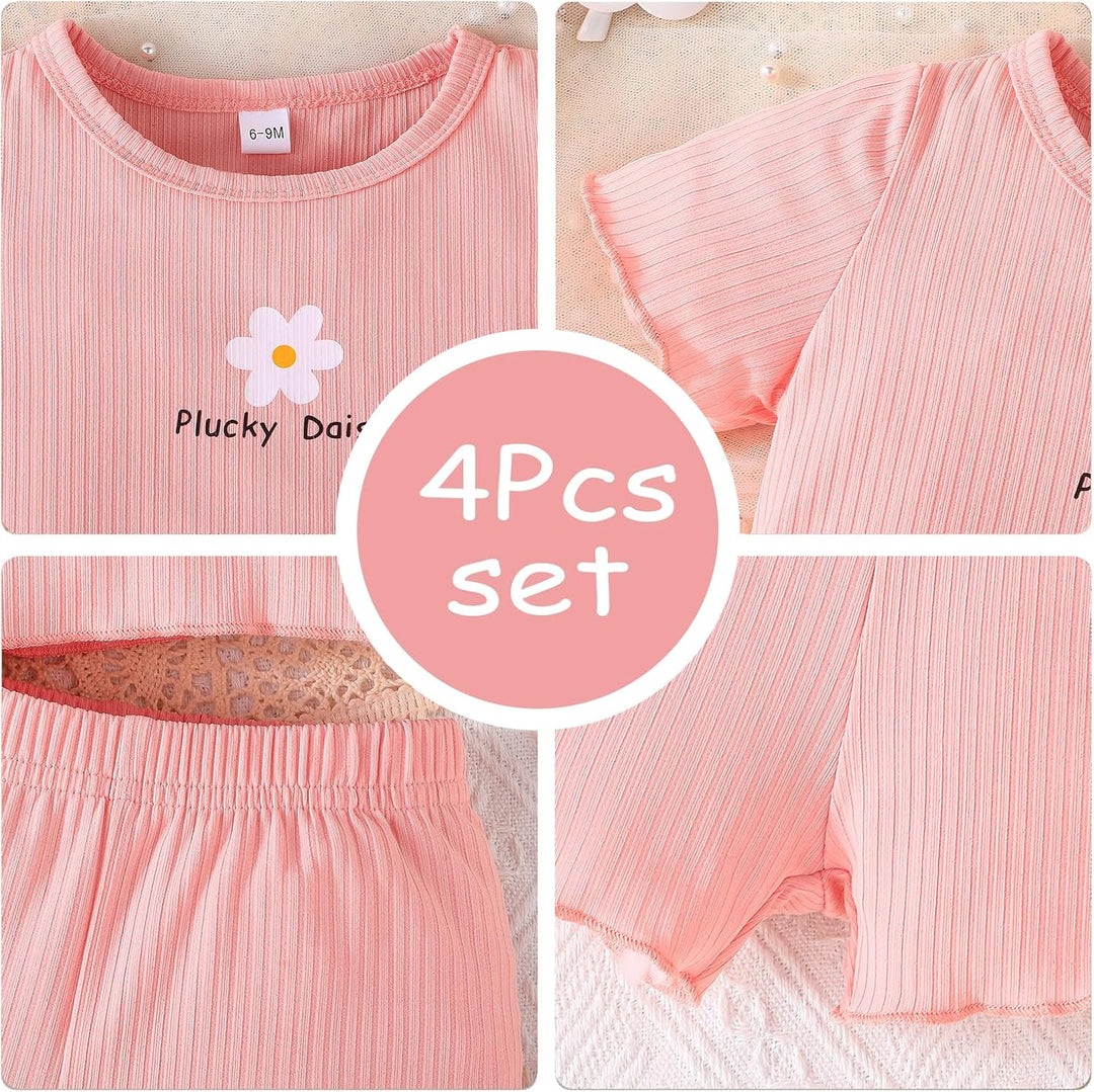 Kleinkind Baby Mädchen kleidung Set Rüschen Gerippte Kurzarm/Langarm T-Shirt Tops + Shorts Hosen 4Pc