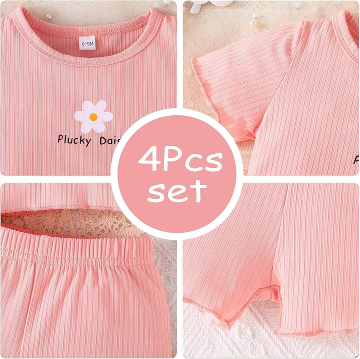 Kleinkind Baby Mädchen kleidung Set Rüschen Gerippte Kurzarm/Langarm T-Shirt Tops + Shorts Hosen 4Pc