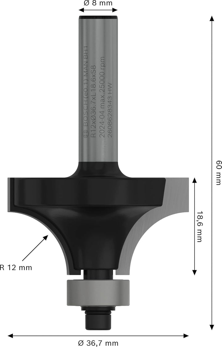 Bosch Professional 1x Abrundfräser Standard for Wood (für Holz, Zubehör Handfräse, Radius 12 mm, Arb