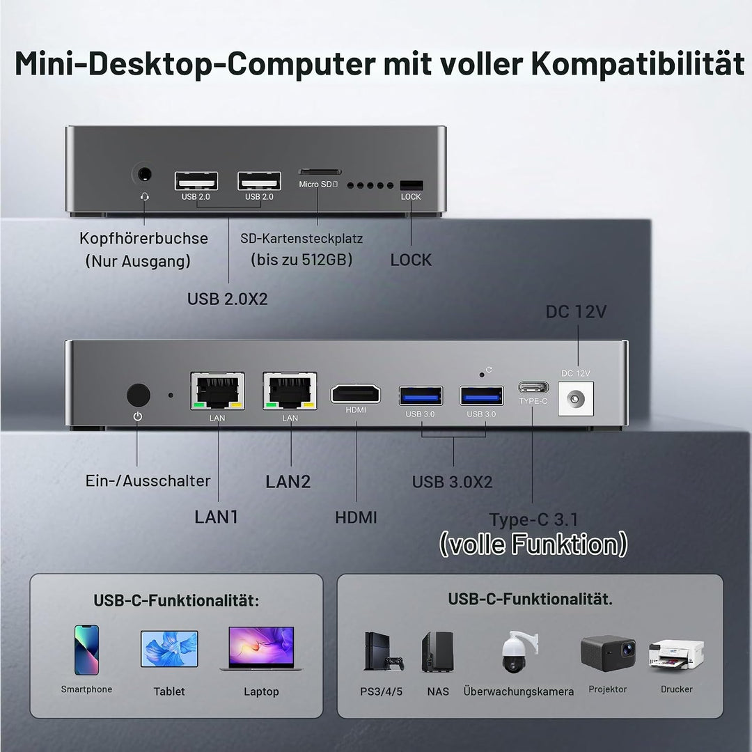 Mini PC Win 11 Pro, 12 Gen N100 (3,4 GHz), 7 Zoll Bildschirm 8GB RAM 128GB eMMC mit Akku, USB-C Mini