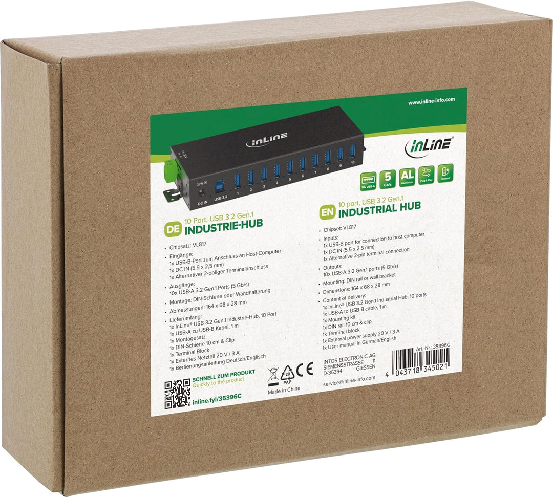 Inline USB 3.2 Gen.1 Industrie-Hub mit 10 Ports, Aluminiumgehäuse, DIN-Schienen-Montage, aktiver USB