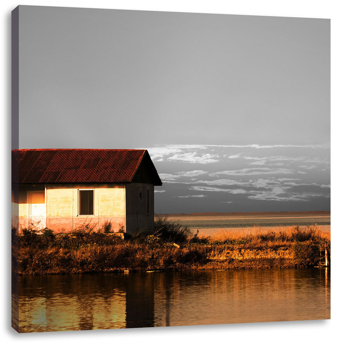 Pixxprint Haus am See bei Sonnenuntergang als Leinwandbild/Grösse: 70x70 cm/Wandbild/Kunstdruck/fert