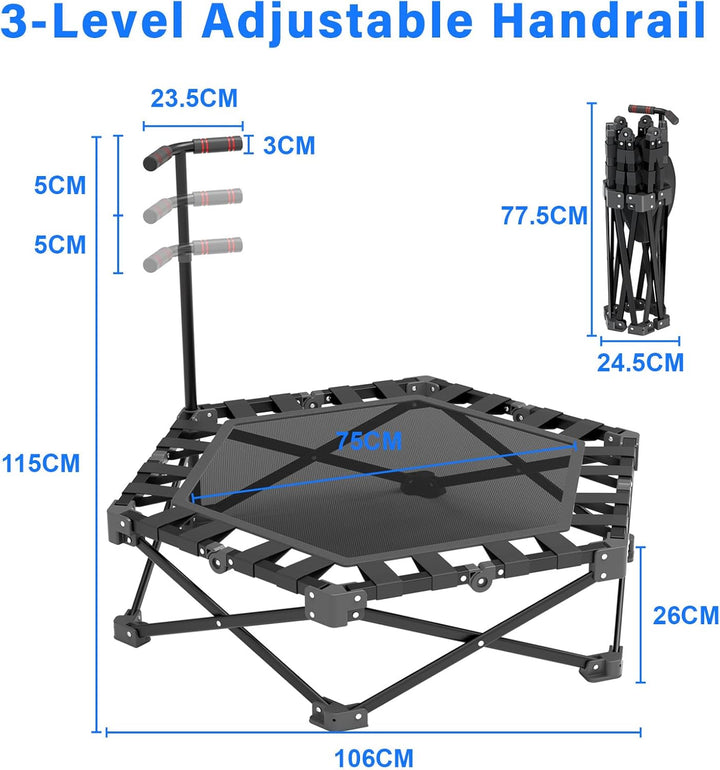 Fitness Trampolin Klappbar, Mini Trampolin Indoor 106cm mit 3-Fach Höhenverstellbarem Griff, Extra S