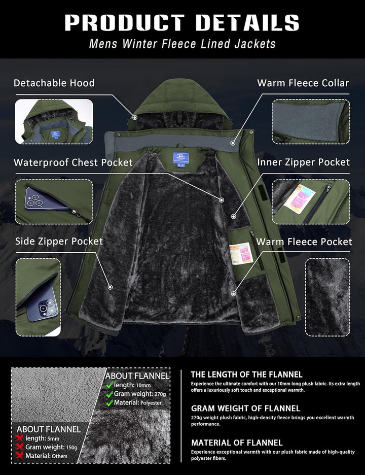Zzkouine Herren Winter Wasserdichte Fleecejacke Warm Gefüttert Winterjacke Mit Kapuze Wasserabweisen
