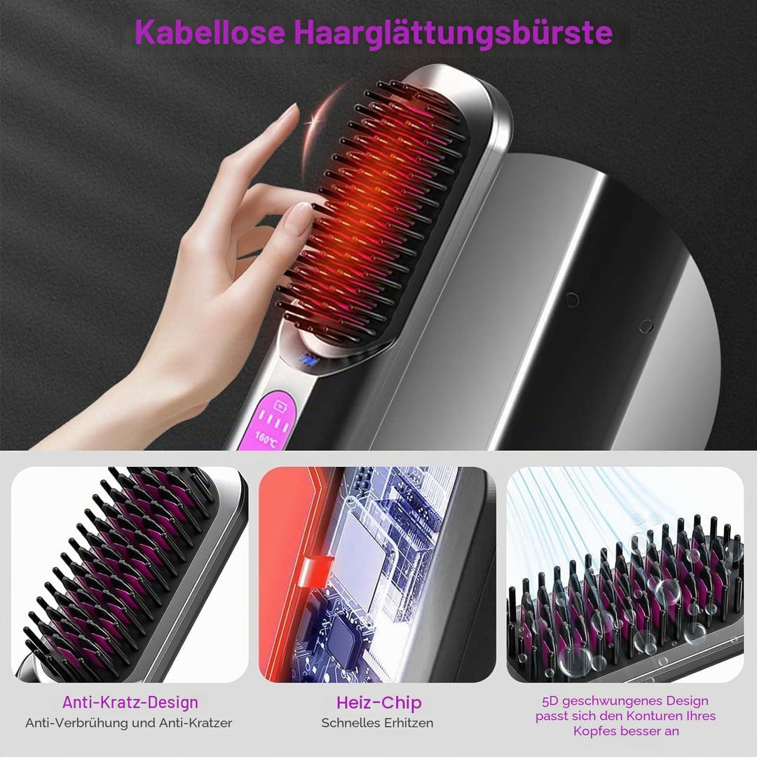 2-in-1 Glättbürste Kabellos, Haarbürste Elektrisch Damen, Stylingbürste für Kurze Langes Haare, Trag
