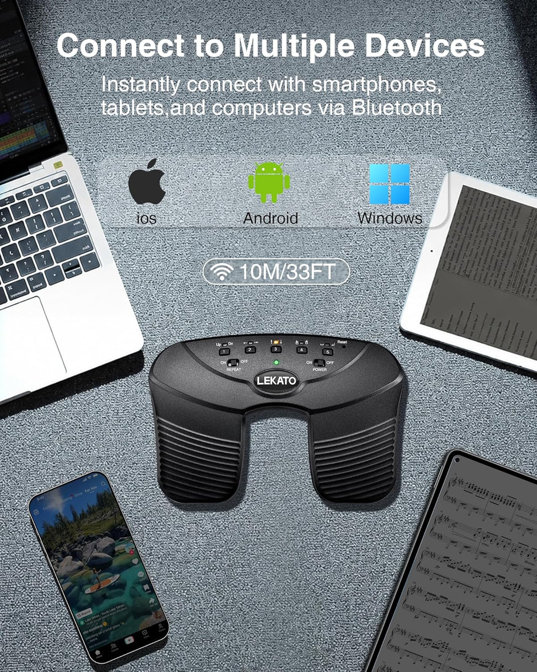 LEKATO Bluetooth Page Turning Pedal Silent Sheet Music Page Turner Foot Pedal for Tablet and Phone