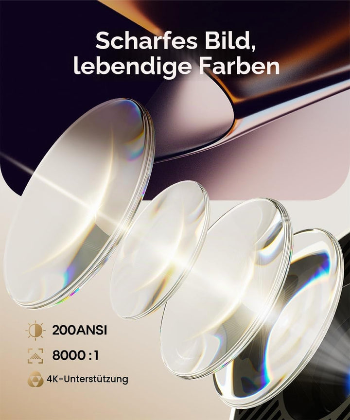 Automatische Trapezkorrektur Mini Tragbarer Beamer, 4K/ 200 ANSI Smart Projektor mit WiFi6, BT 5.0,