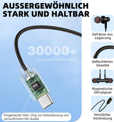 USB C Kopfhörer, In Ear Kopfhörer HiFi-Klang Magnetische USB C Headset mit Mikrofon, USB C Anschluss