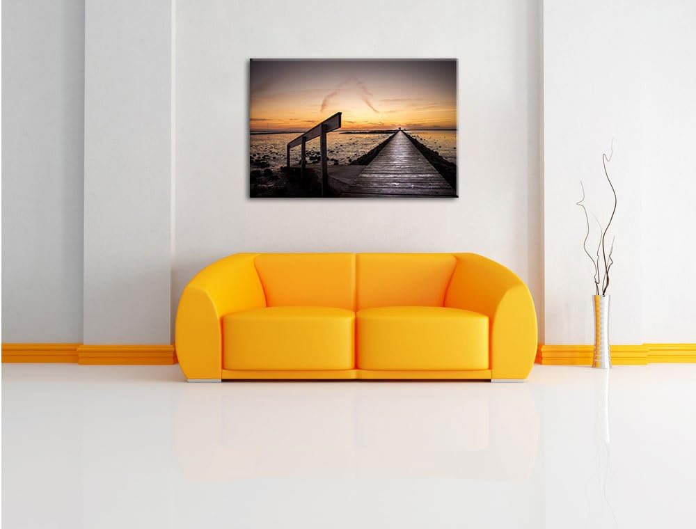 Pixxprint Langer Steg an der Nordsee / 100x70cm Leinwandbild bespannt auf Holzrahmen/Wandbild Kunstd
