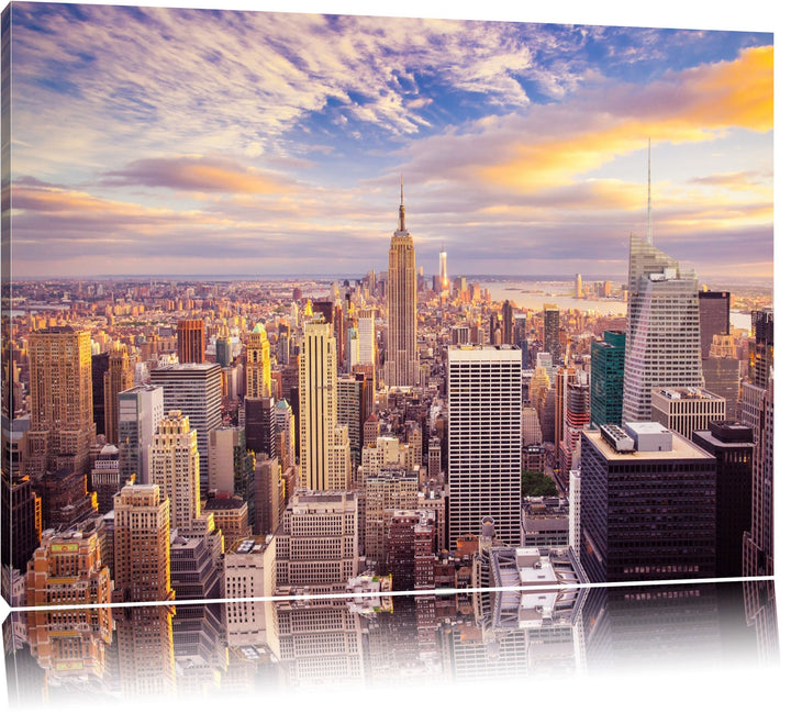 Skyline von New York bei Sonnenuntergang Format: 100x70 auf Leinwand, XXL riesige Bilder fertig gera