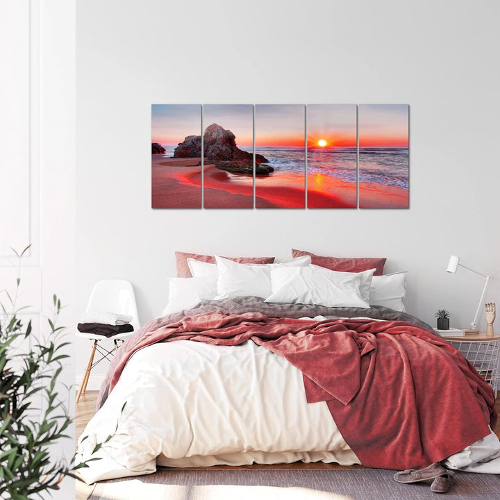 Runa Art Wandbild XXL Sonnenuntergang Strand Schlafzimmer Wohnzimmer 200 x 80 cm Rot 5 Teilig - Made