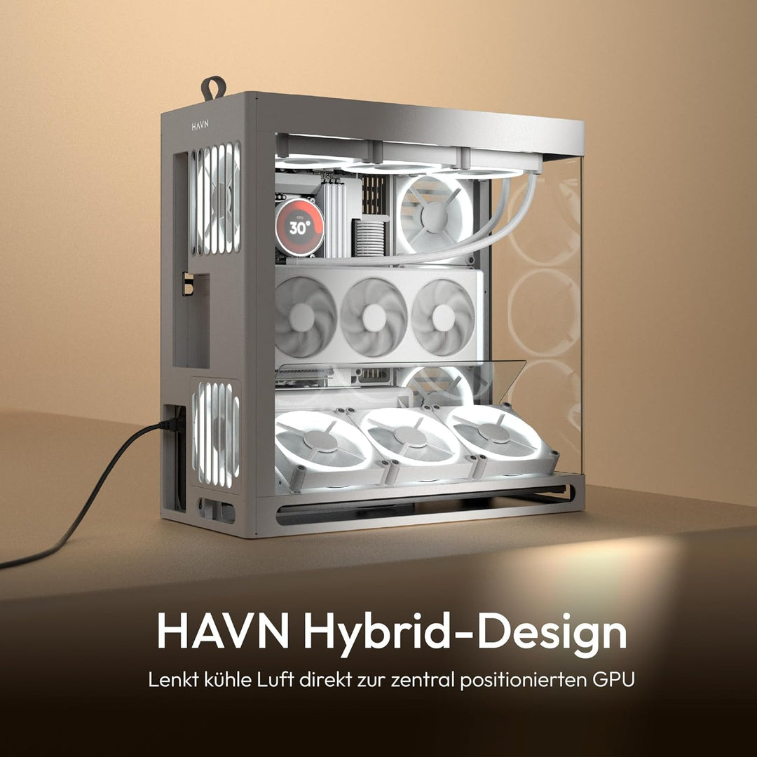 HAVN HS 420 VGPU Dual-Chamber ATX Mid Tower PC Gehäuse Weiss | PCIe 5.0 Vertical GPU Kit, 11x 140mm