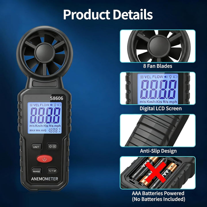 Handheld Digital Anemometer Windmesser 3 in 1, Temperatur- und Windchillanzeige, Luftstrom- und Luft