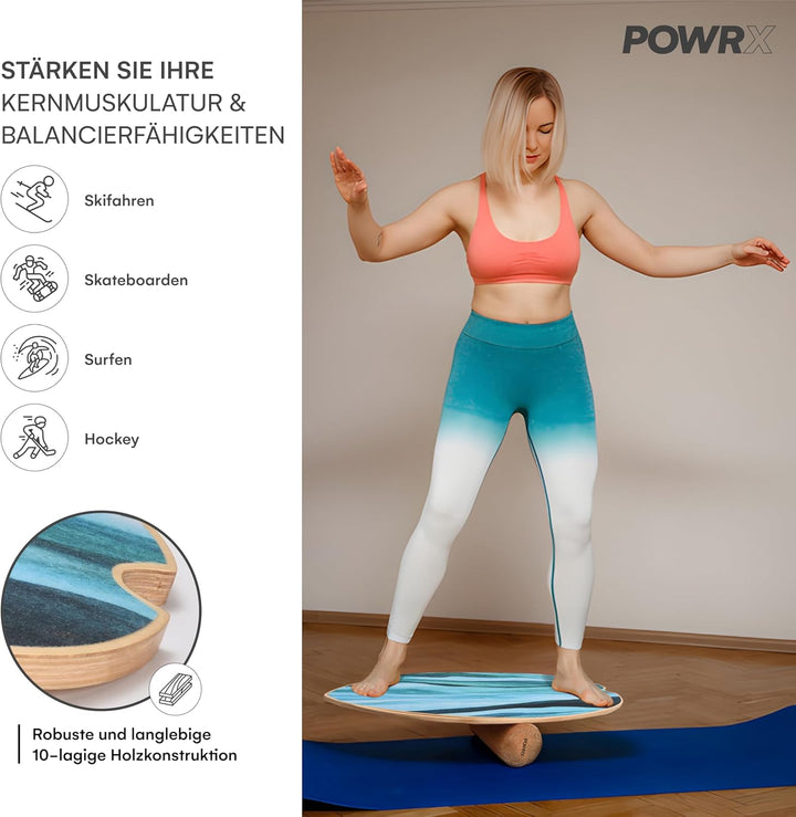 POWRX Surf Balance Board Holz/Balance Skateboard inkl. Rolle | Koordinationstraining für Surfbrett,
