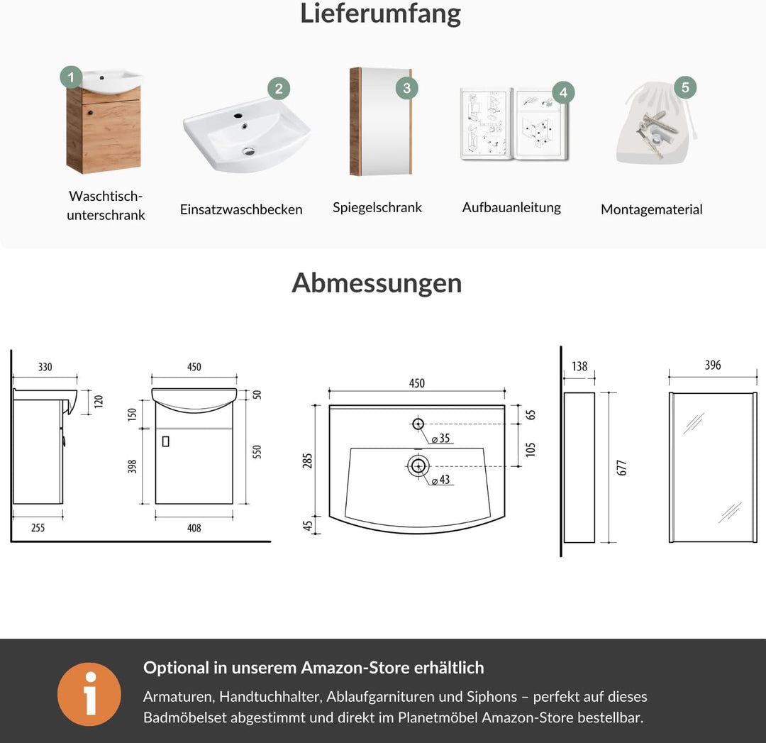 Planetmöbel Badmöbel Set aus Waschtisch + Waschbecken + Spiegelschrank, Gäste Bad WC, Farbe Gold Eic