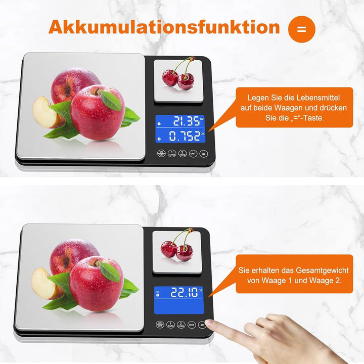 Küchenwaage Digital,Digitale KüChen mit 2 Plattformen 15kg/1g & 500g/0.01g Feinwaage mit 7/6 Einheit
