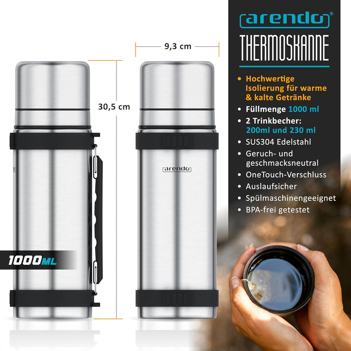 Arendo - Thermoskanne 1l Edelstahl – mit 2 Becher - Thermosflasche doppelwandig - 1000ml - One Click