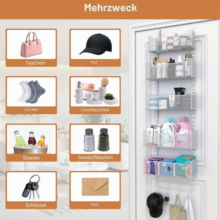 VyGrow Türorganizer, Metall-Türorganizer zum Aufhängen mit 5 verstellbaren Körben und Kleiderhaken,