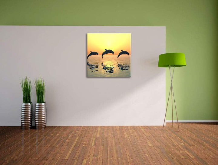 Delfine im Sonnenuntergang, Format: 70x70 auf Leinwand, XXL riesige Bilder fertig gerahmt mit Keilra