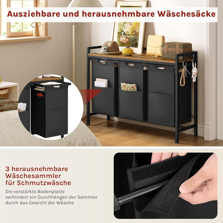 WOLTU Wäschekorb 3 Fächer, jedes 40 L, Wäschesammler mit Ablage Metallrahmen, Oxford-Stoff-Wäschesac
