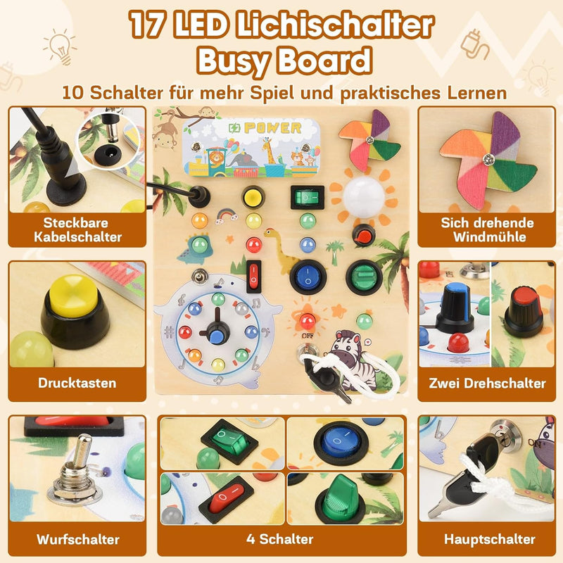 MILFECH Montessori Spielzeug Busy Board mit LED Lichtschalter Activity Board Holzspielzeug,17 LED Mo