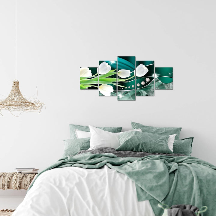 Runa Art Wandbilder Blumen Tulpen 5 Teilig Bild auf Vlies Leinwand Deko Wohnzimmer Diamant Grün Grau