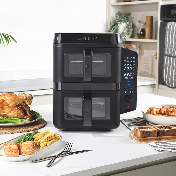 Salter VertiCook View Heissluftfritteuse - Vertikale Doppelschublade, Kochen auf 4 Ebenen, 9L Kapazi