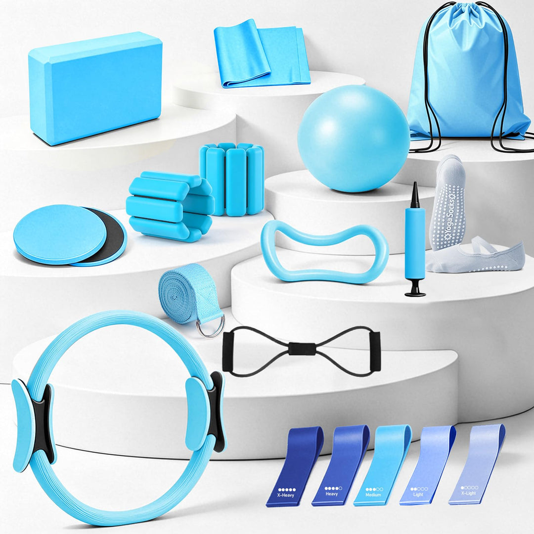 19PCS Pilates Set für Zuhause, Hellblaues Komplett-Set mit Yoga Block