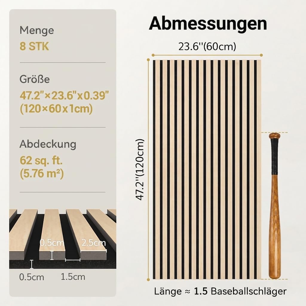 TONOR 8-Pack Akustikpaneele holz, 120 cm x 60 cm – 5,76 m², Wandpaneele holz Holzpaneele für Wände,