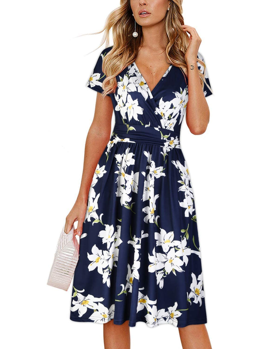 OUGES Kleid Damen Kurzarm/Langarm Sommer Herbstkleid V-Ausschnitt Casual Midi Freizeitkleid mit Tasc