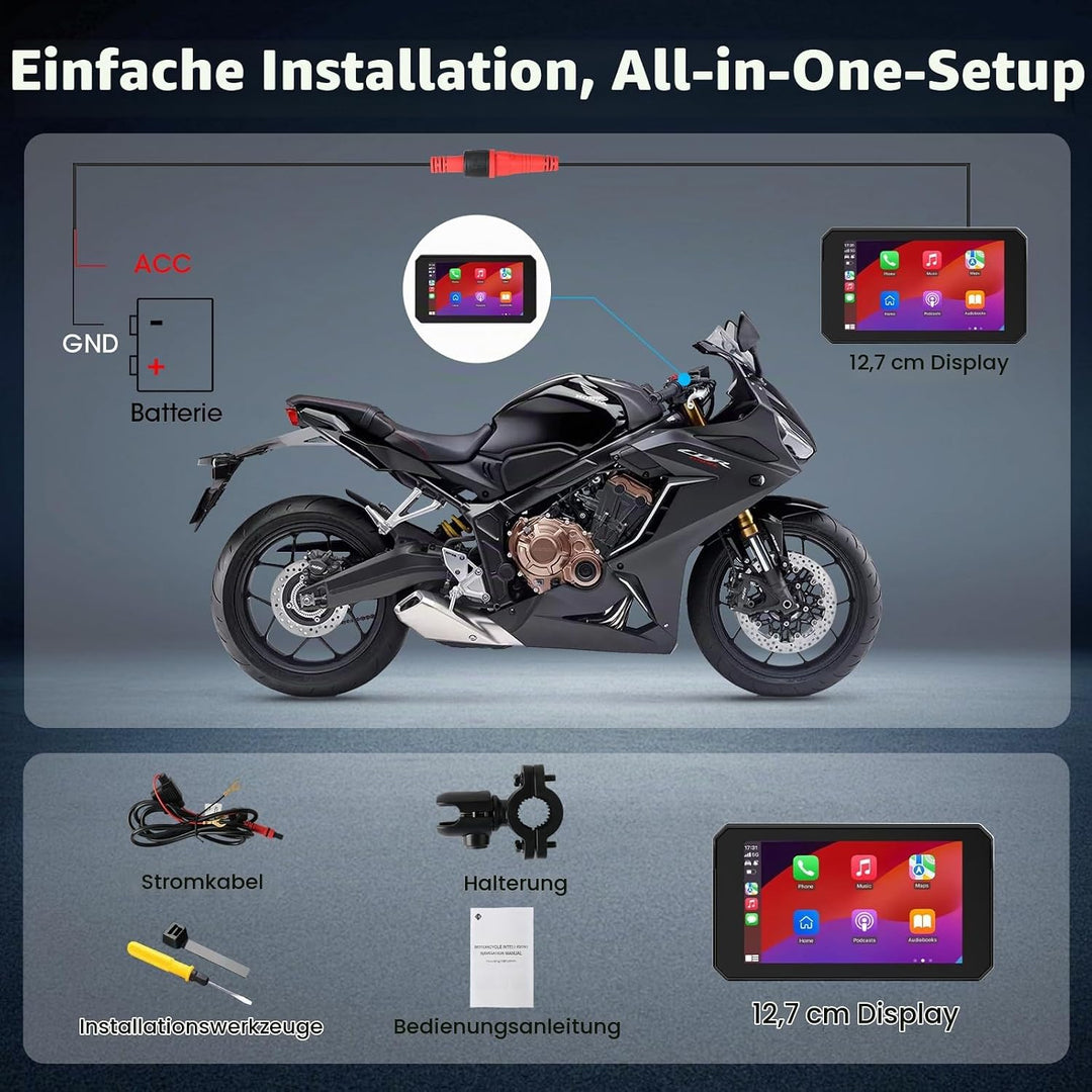 5 Zoll Motorrad Carplay Display, IP67 Ganzkörper Wasserdicht Motorrad navi Bluetooth GPS Siri/GOO-gl