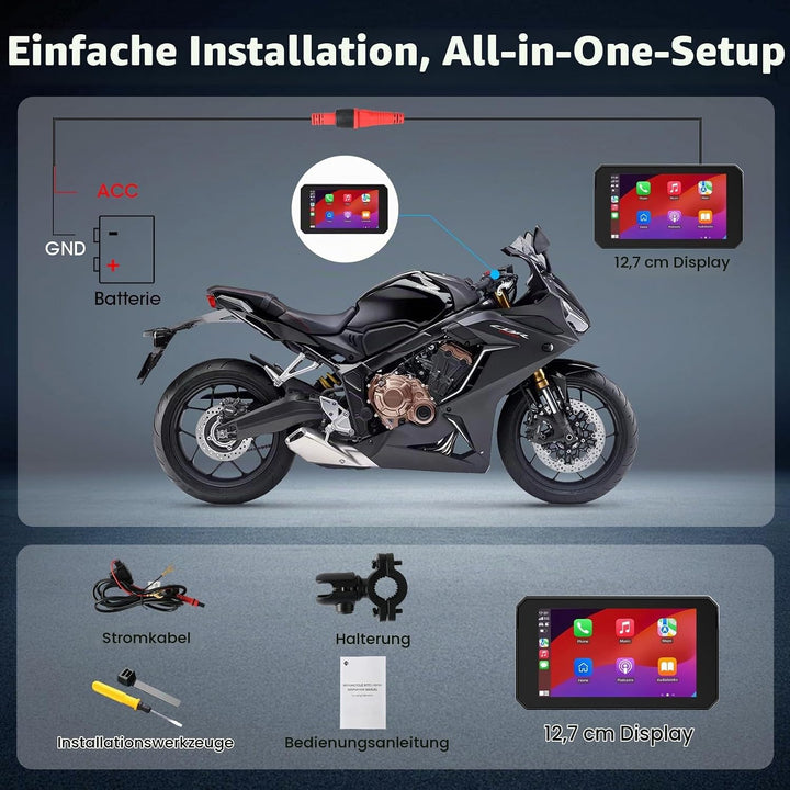 5 Zoll Motorrad Carplay Display, IP67 Ganzkörper Wasserdicht Motorrad navi Bluetooth GPS Siri/GOO-gl