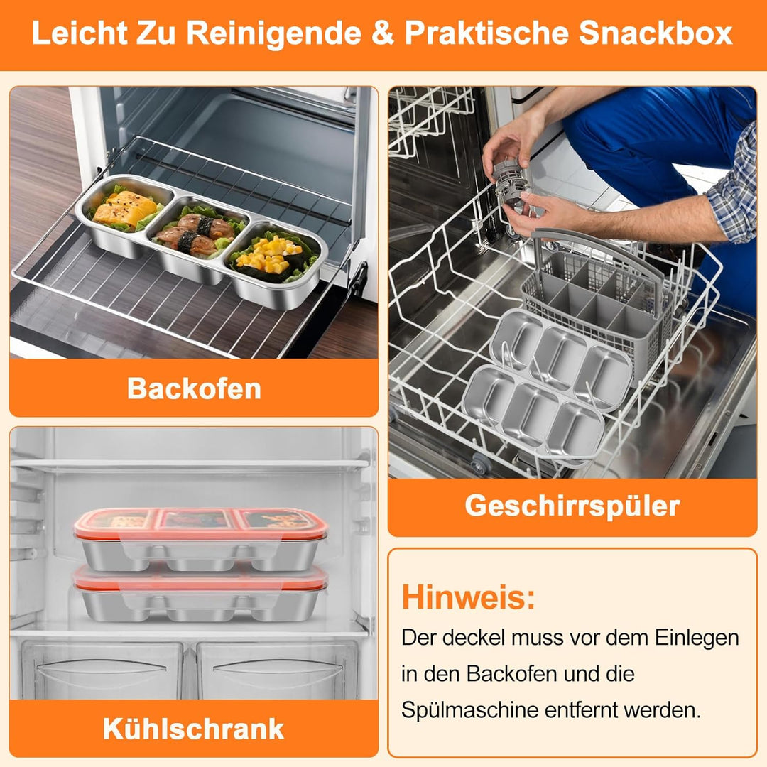 Snackbox mit 3 Fächern Edelstahl: 2 Stück Auslaufsicher Snackdose mit Deckel(600ml)-Tragbare Brotdos
