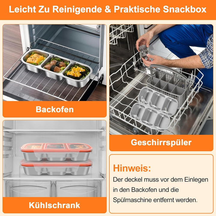 Snackbox mit 3 Fächern Edelstahl: 2 Stück Auslaufsicher Snackdose mit Deckel(600ml)-Tragbare Brotdos