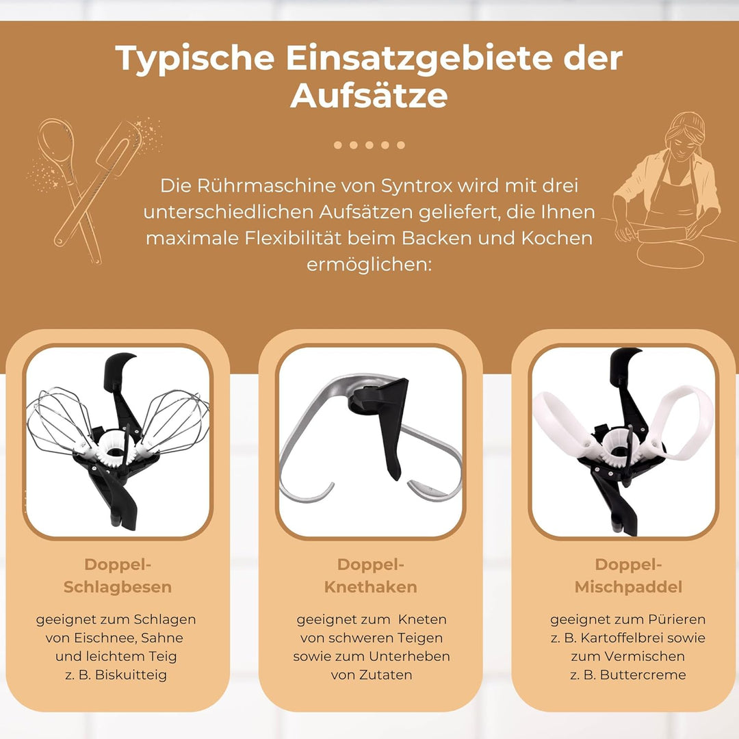 Syntrox Küchenmaschine &amp; Knetmaschine Zaurak 5 Liter, Multifunktionale Aufsätze, Küchenmaschine mit