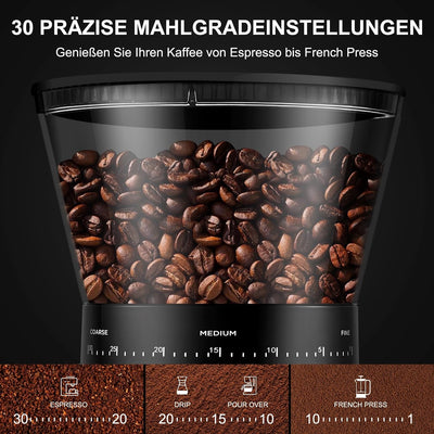 AMZCHEF Kaffeemühle Elektrisch | Individuelles Schleifvolumen und 30Mahlgrad Einstellbar | Elektrisc