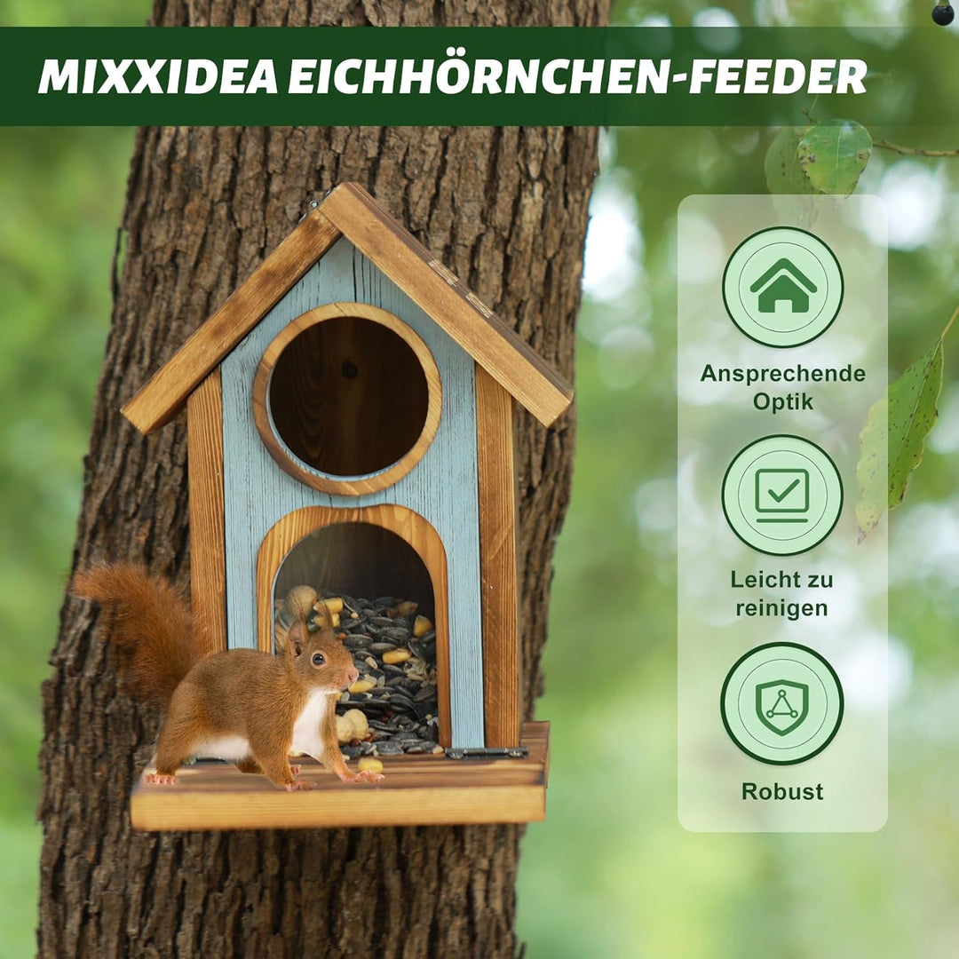 MIXXIDEA Eichhörnchen Futterhaus für draussen, stabiles Eichhörnchen-Futterhaus mit dickem Holz, Kei