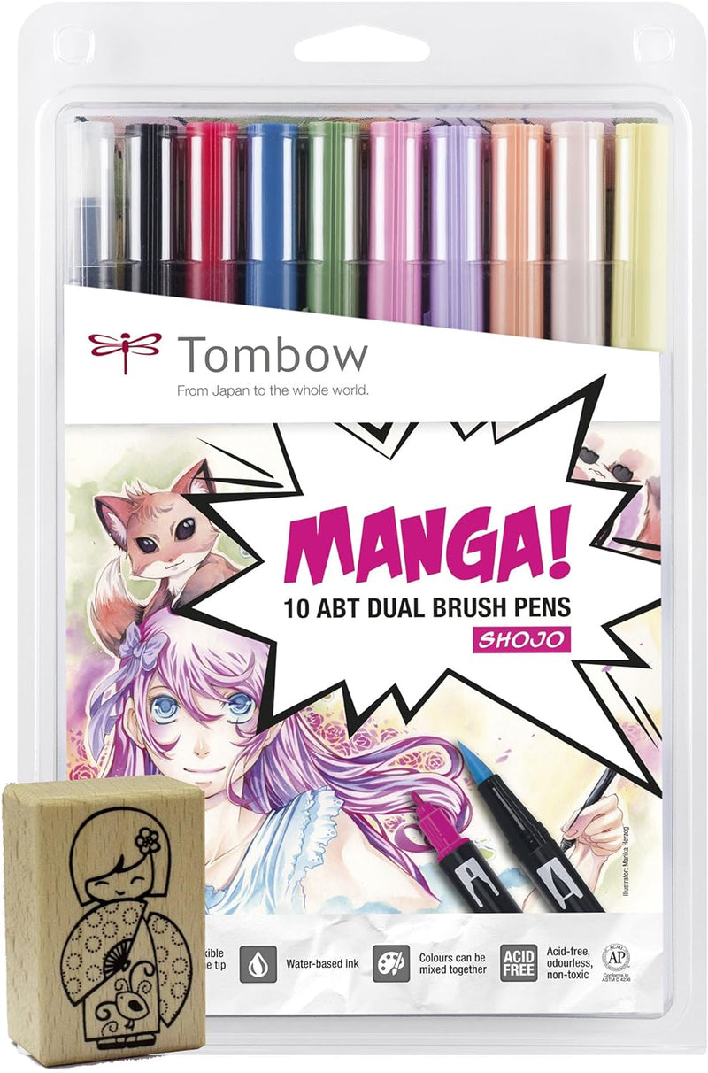 Tombow ABT-10C-MANGA2-ST Manga-Set aus 10x Fasermaler ABT Dual Brush Pens + Manga-Stempel Manga Set