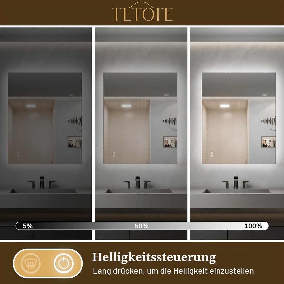 TETOTE Badspiegel mit Beleuchtung 50x70cm, Rechteckiger Badezimmerspiegel, Badezimmer Wandspiegel Oh