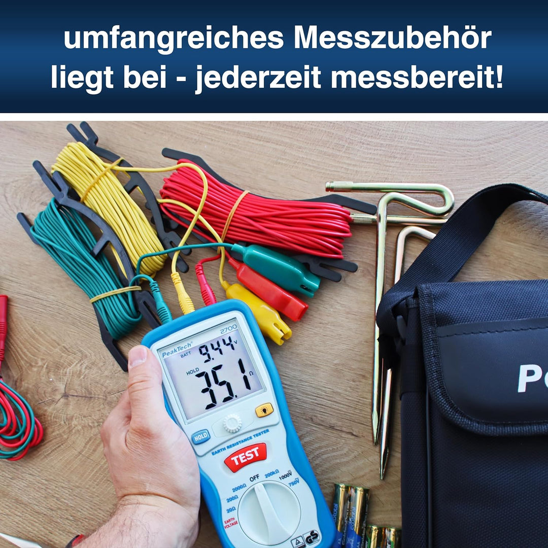 PeakTech P 2700 2700 - Digitales Erdungsmessgerät mit beleuchtetem Dual LCD-Display & 2 Erdungsstäbe